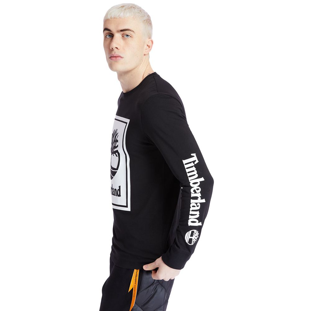 Timberland Mens T-Shirts Long-Sleeve Logo - Black/White - India YF0156924